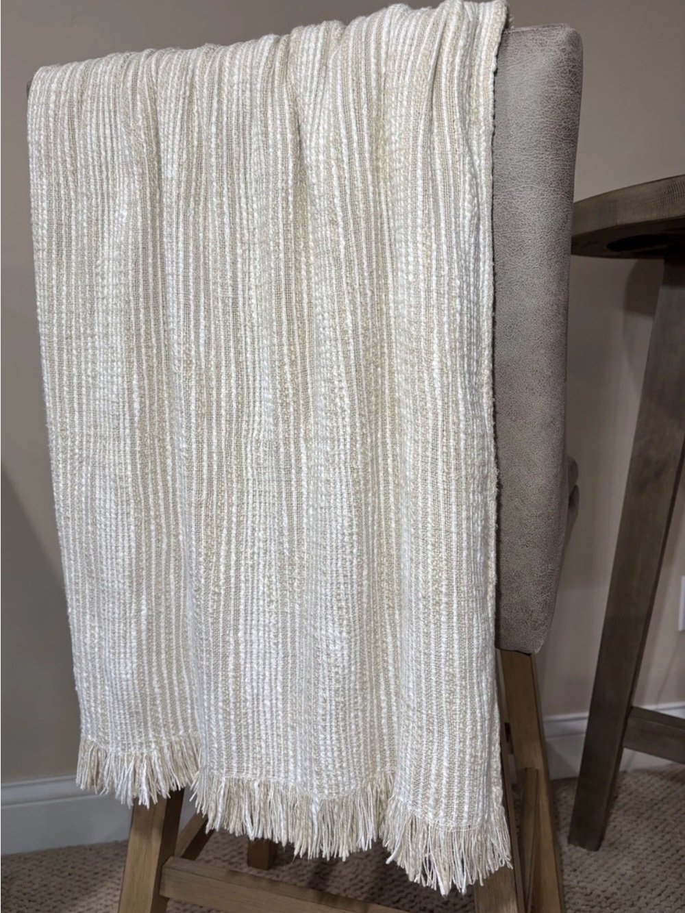 Crate & Barrel Fringe Throw Blanket Natural Striped Cotton 40” X 70” “Korman”